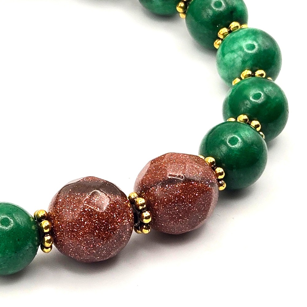 Green Jadeite and Faceted Goldstone Beaded Stretch Bracelet Gold Tone Spacers